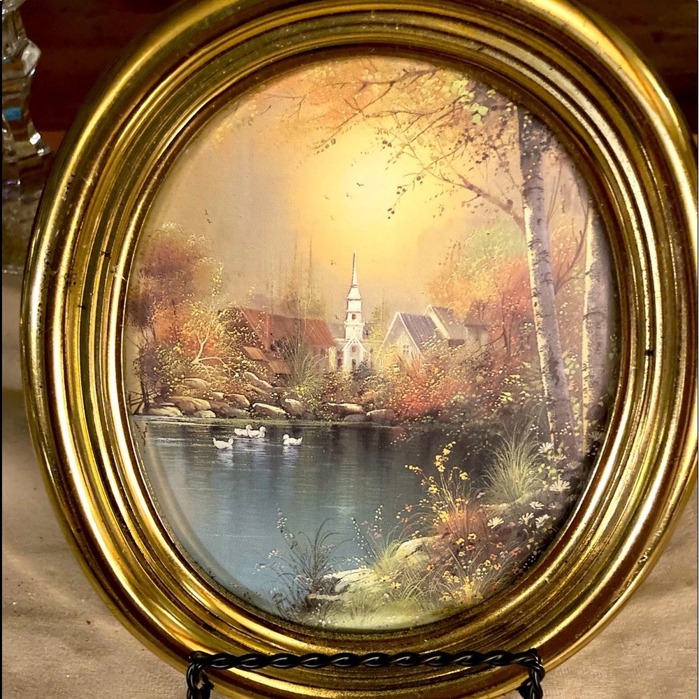 1986 Homco Oval Gold Framed Church Lake Swan Pics